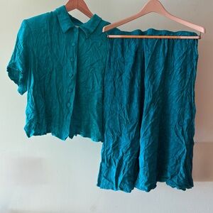 Vintage 90s Teal Crinkle Elastic Waist Skirt Made in USA Size 18 (L-XL)